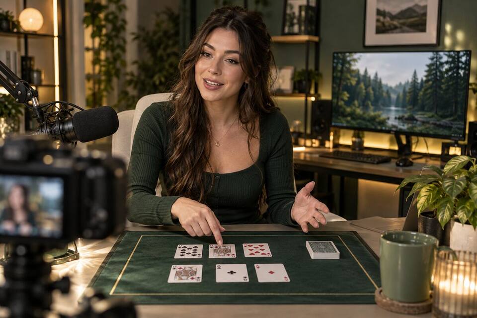 Adult creator explaining a blackjack card layout at her desk