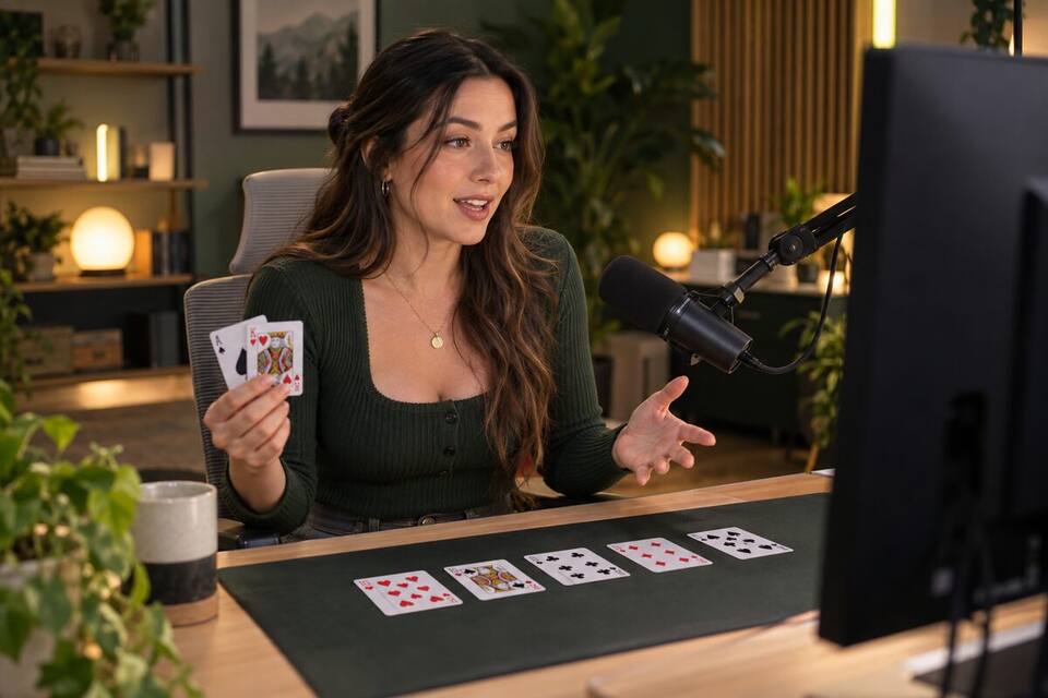 Adult creator explaining poker hand rankings on stream
