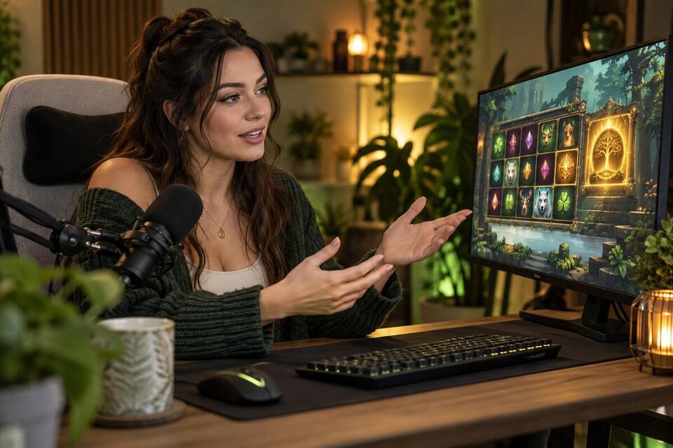 Adult creator explaining a slot game from her streaming desk
